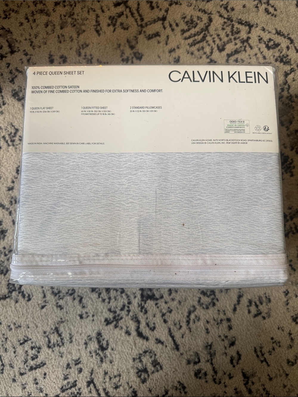 Calvin Klein Queen 4-Piece Sheet Set - Light Blue/Gray and White - Picture 2 of 2